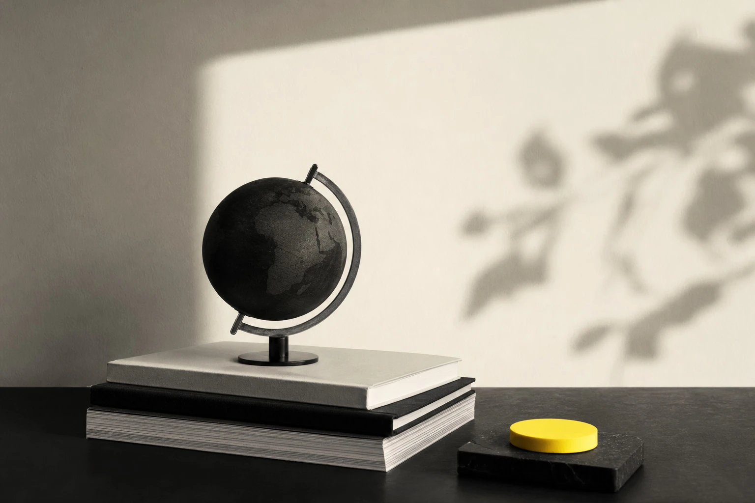 Black desktop globe on a stack of books beside a yellow disc on a stone block, with leaf shadows on a cream wall