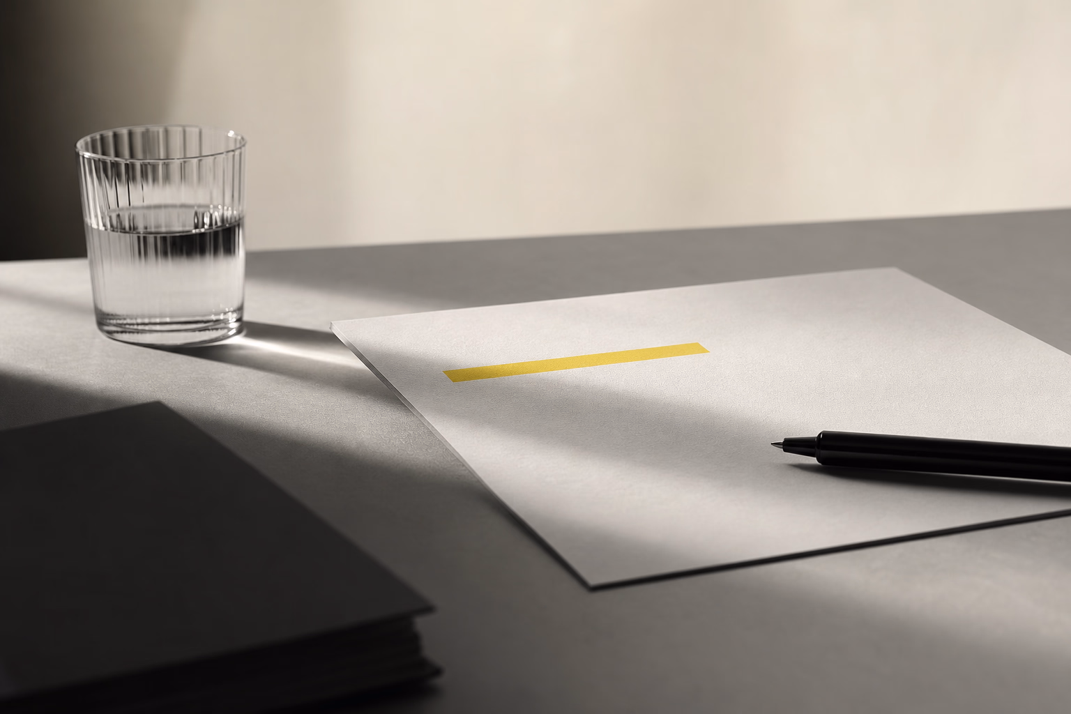 Editorial illustration of a sealed document being pushed aside while a single written sentence sits at the centre of a desk, with a pencil beside it.