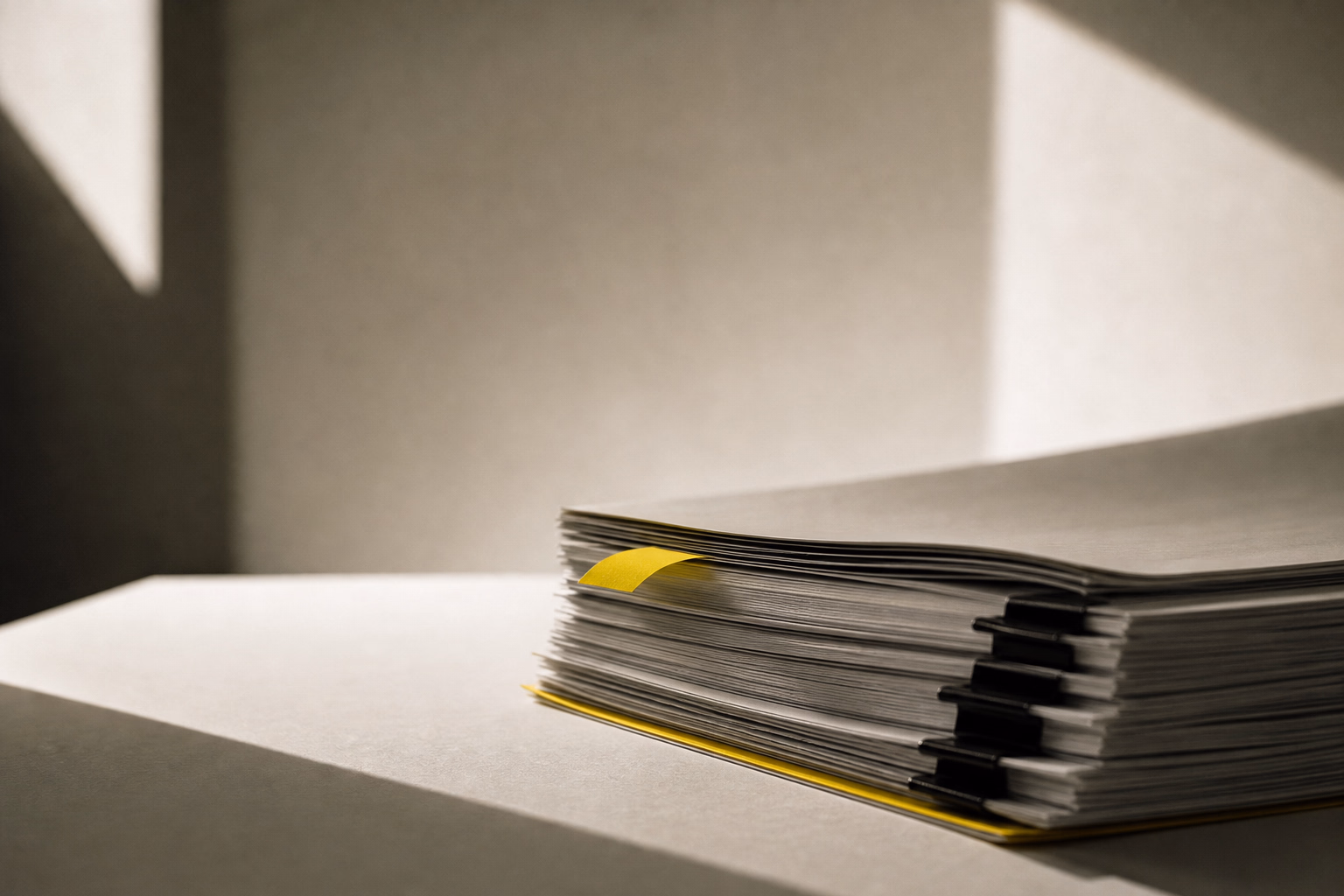 Two plain sheets of paper on a desk: one reads clearly in large type, the other is crowded with dense, illegible text.