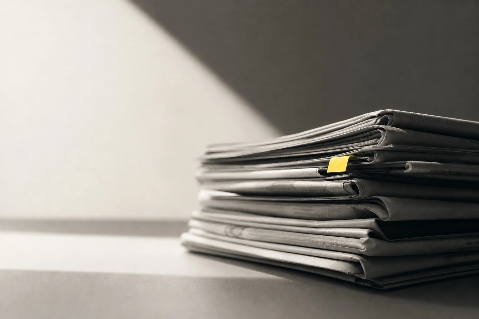 Stack of folded newspapers in black and white with a single yellow sticky tab, lit by a diagonal beam of light on a desk