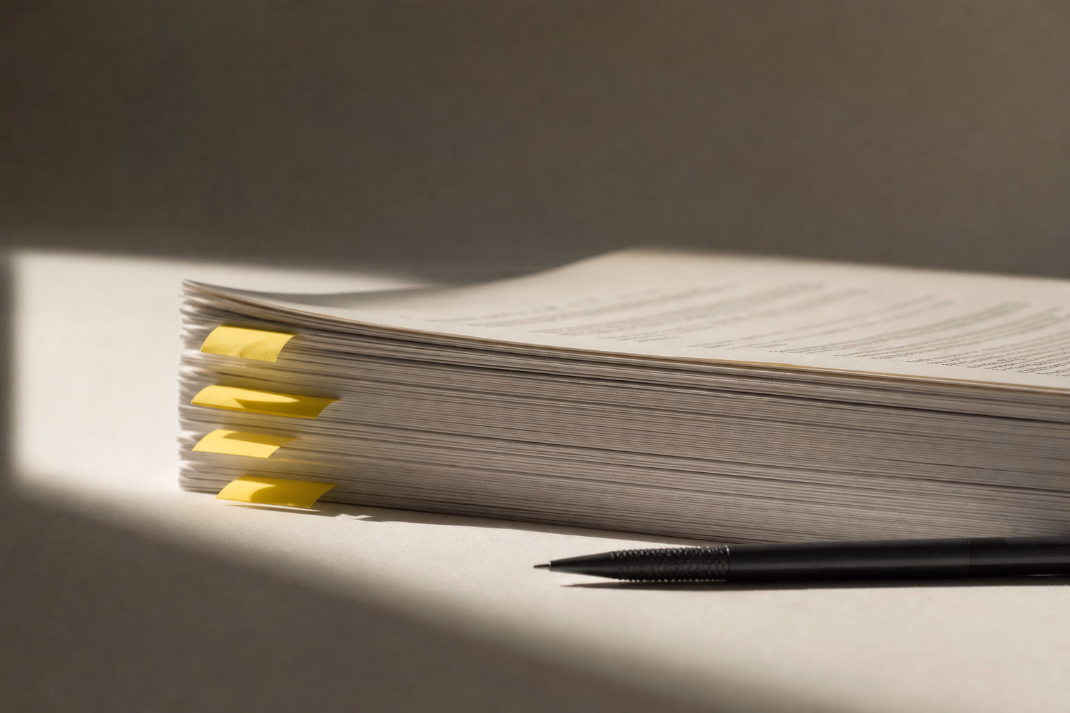 Handwritten notes in blue ink fill the white margins beside a printed page of dense typed text.