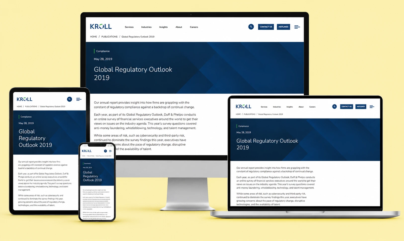 Kroll Global Regulatory Outlook 2019 webpage displayed on desktop, laptop, tablet and mobile devices