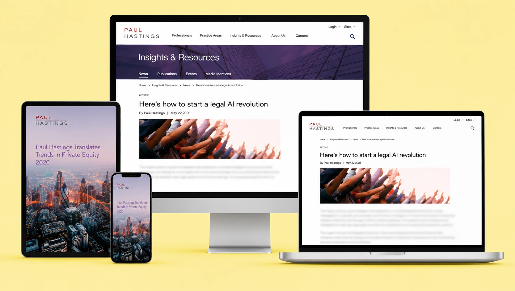 Paul Hastings website shown on desktop, laptop, tablet and smartphone screens on a yellow background