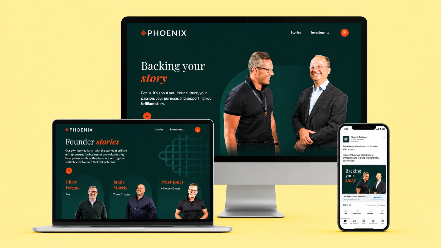 Phoenix Equity Partners website displayed on desktop, laptop and mobile, with founders and case study content on screen