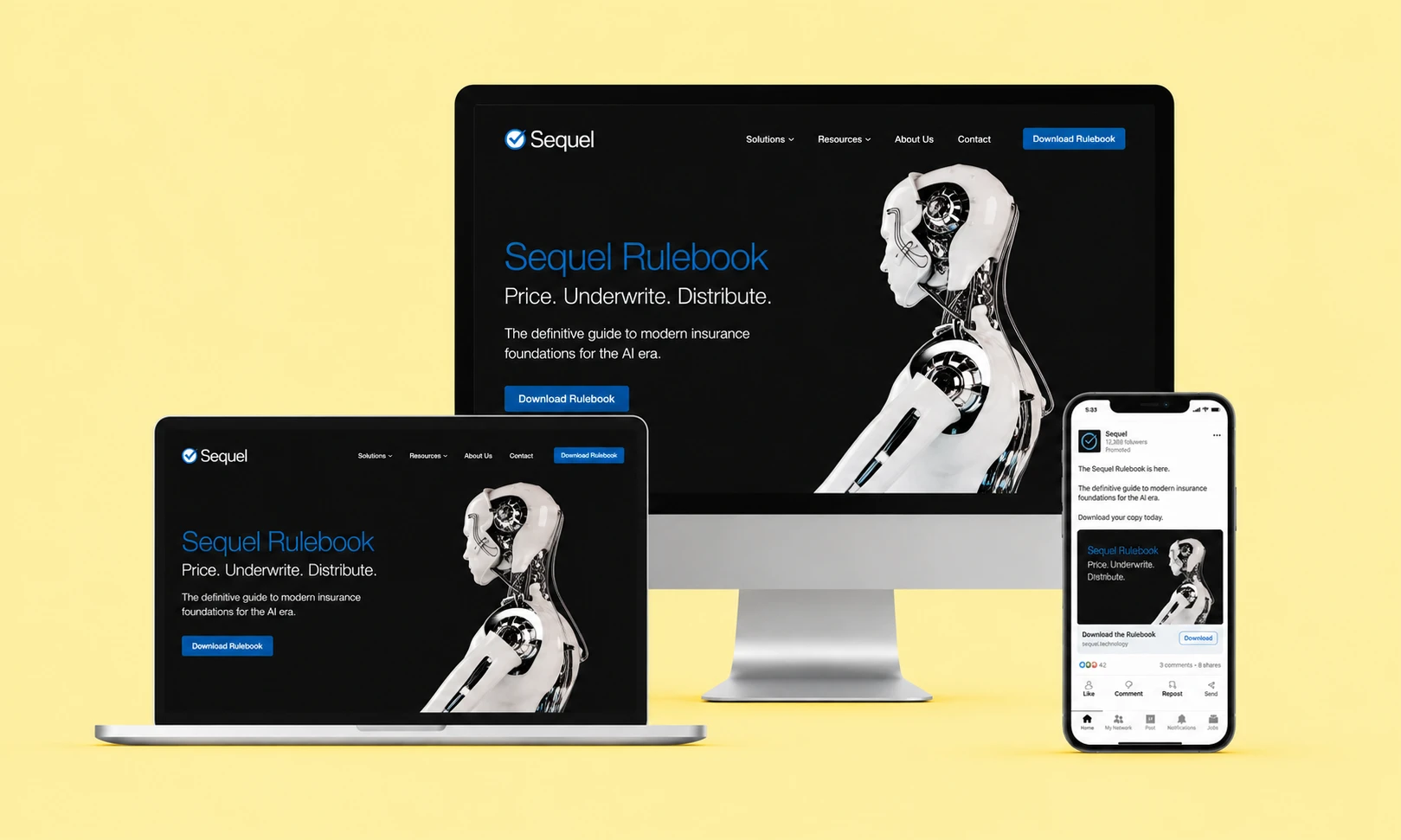 Sequel website shown on desktop, laptop and mobile, promoting the Rulebook download with AI robot artwork