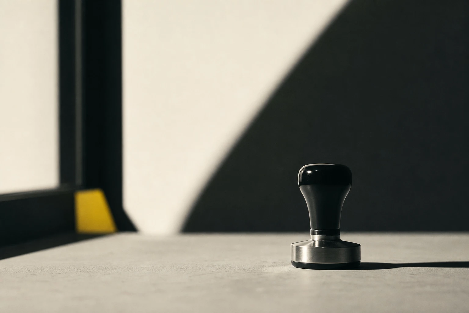 Black-handled coffee tamper with steel base on a concrete surface, with a sharp diagonal shadow across a pale wall behind