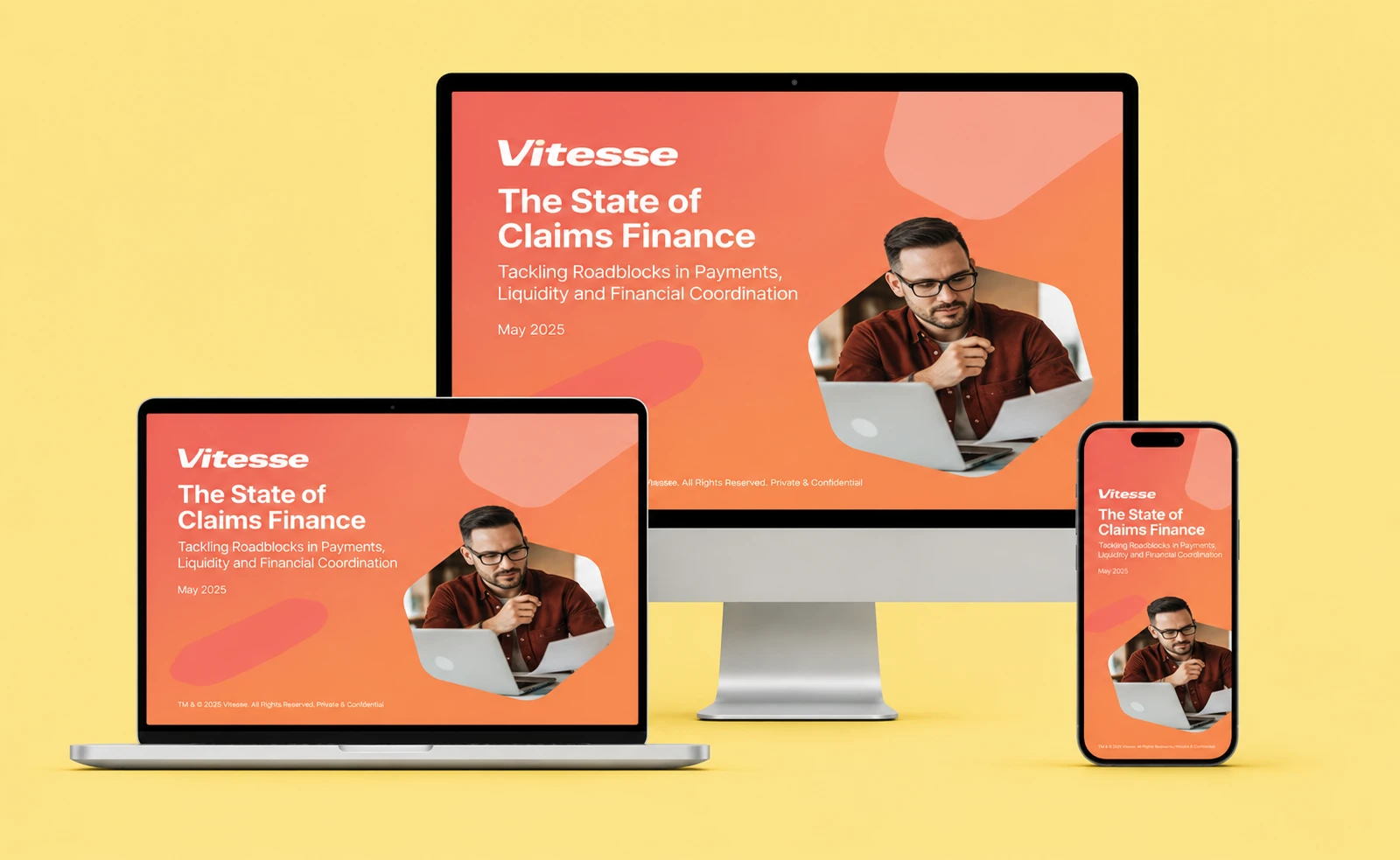 Vitesse claims finance report shown on desktop, laptop and smartphone on a yellow background